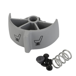An AGCO adjustment wheel, F930500030490, featuring a gray plastic bracket with two arrow symbols, a metal coil spring, and two black screws set against a white background, embodying the precision akin to Fendt Vario components.