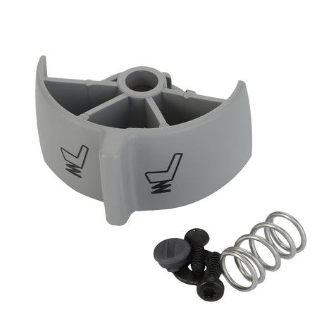 An AGCO adjustment wheel, F930500030490, featuring a gray plastic bracket with two arrow symbols, a metal coil spring, and two black screws set against a white background, embodying the precision akin to Fendt Vario components.