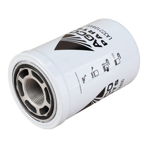 The Hydraulic Filter Spin On - LA322104400 by AGCO is a white automotive oil filter featuring black labeling and a metal threaded end for attachment, designed to meet Massey Ferguson standards.