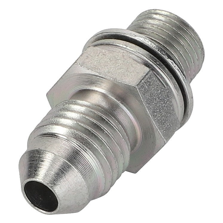 The AGCO | Union - La322017050 is a metallic threaded pipe fitting with a hexagonal middle section, featuring both angled and straight threaded ends, designed for fluid or gas connections. No current product description information is available.