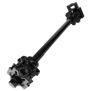 A black, cylindrical AGCO | IDLER - AG330966 mechanical component with intricate fittings and connectors on both ends, shown against a plain white background. Product Not Available.