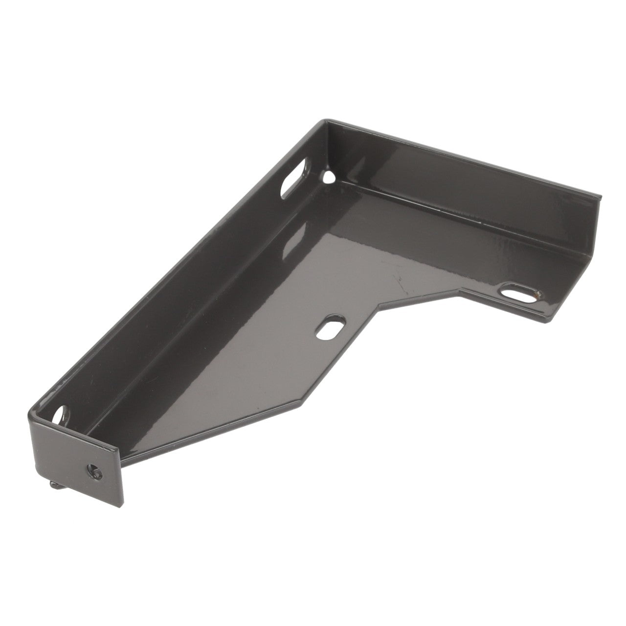 The AGCO Bracket - D28787628 by AGCO is a black metal bracket featuring multiple holes for versatile surface mounting. Its rectangular shape includes an extended L-section, providing additional support and stability. Further product description information is not available at this time.