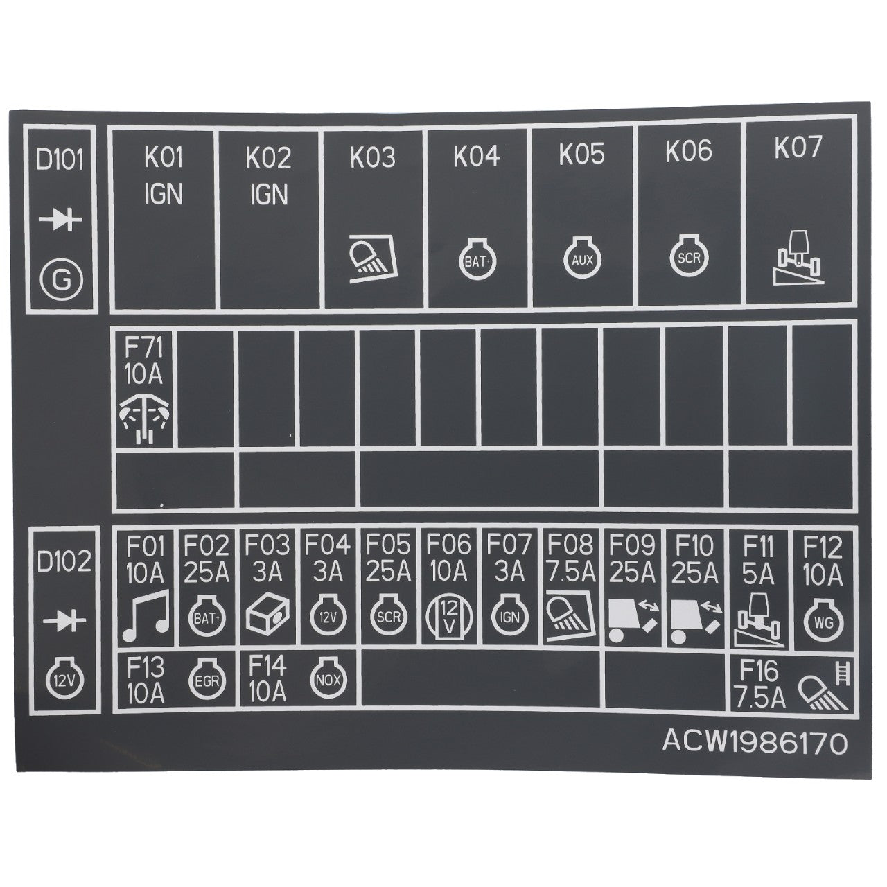 The AGCO | Decal - Acw1986170 features clear labeling and a detailed diagram of a vehicle fuse box, specifying the positions and particular functions of various fuses—such as those for ignition, lights, and accessory circuits—along with their fuse ratings in amps.