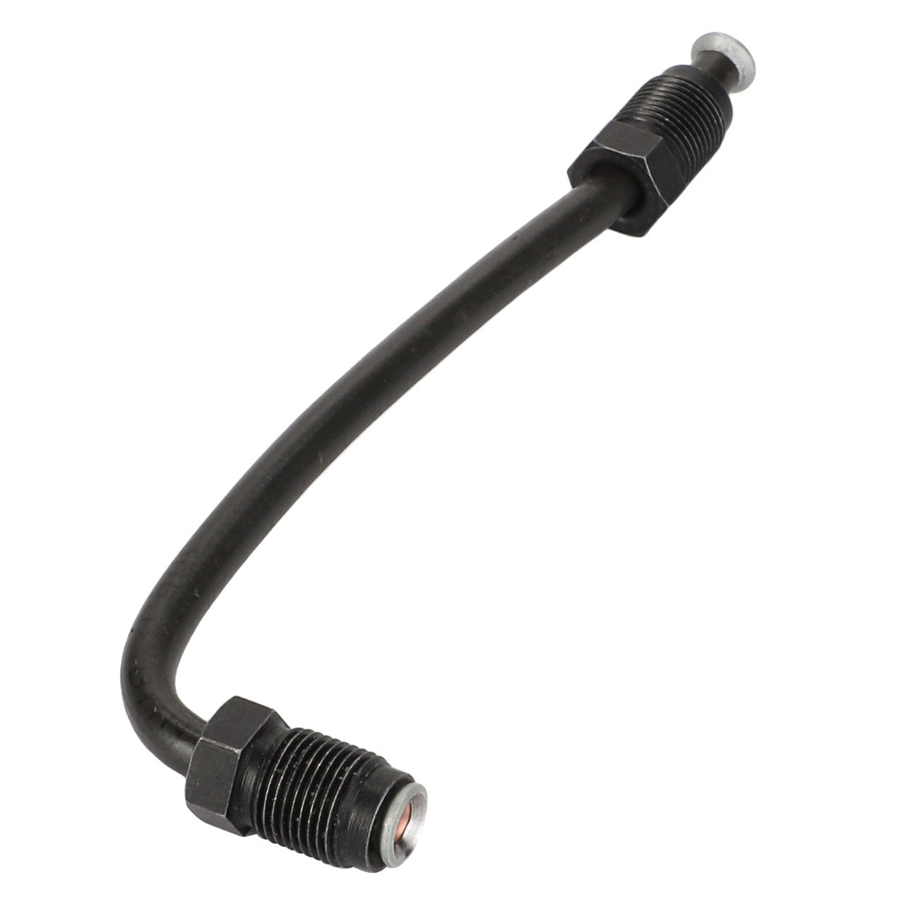 A flexible black rubber hose with metal threaded connectors at both ends, ideal for hydraulic or pneumatic systems, compatible with AGCO | Brake Line - F184108150210 from AGCO.