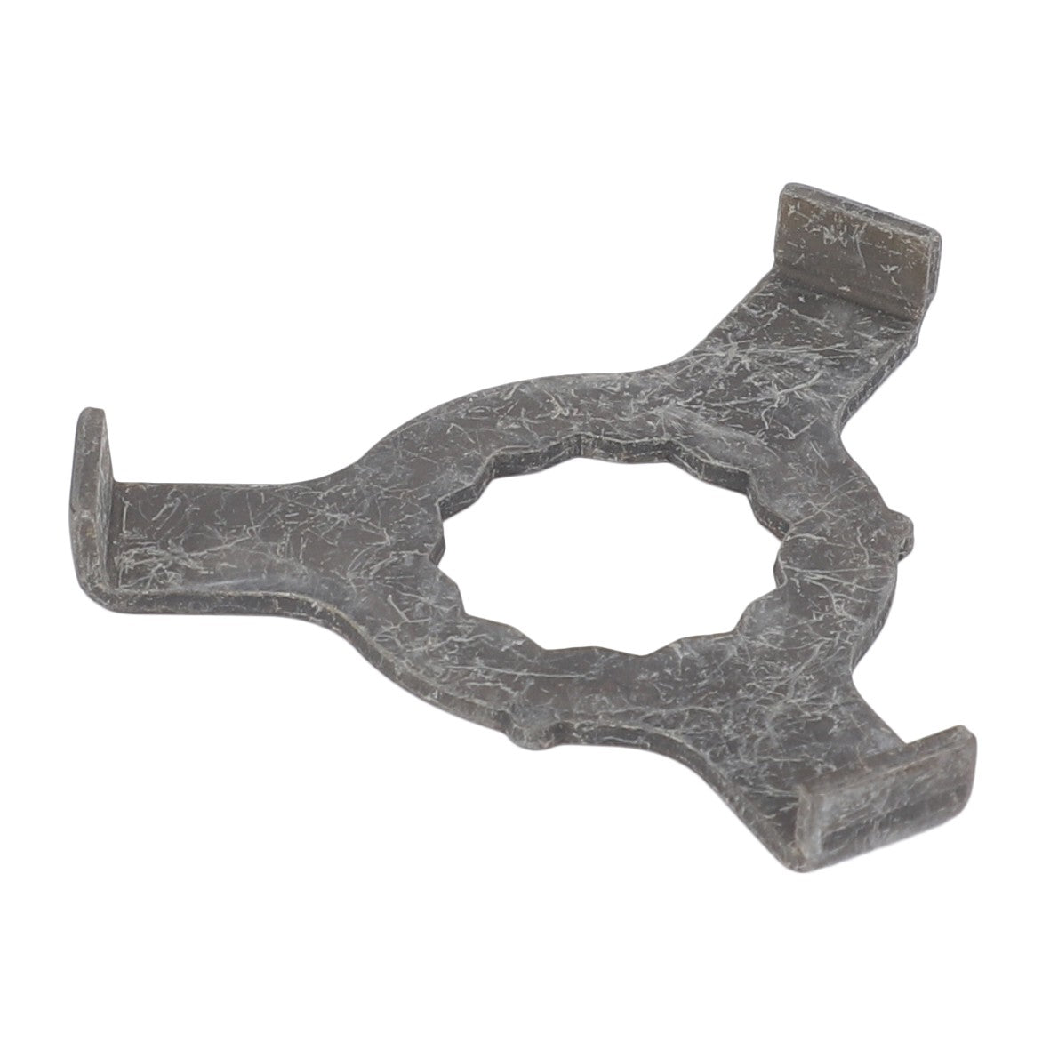 A metal retaining clip with three prongs and a circular, toothed center opening, compatible with Massey Ferguson machinery is the AGCO Lock Washer - 4302338M2.