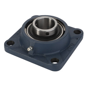 AGCO's Bearing and Housing Assembly (9-1008-0034-5) features a four-bolt flange bearing unit in a cast steel blue housing, complete with a cylindrical metal insert and grease fitting, making it ideal for agricultural machinery applications.