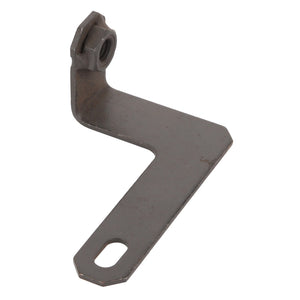 There is no current product description available for the AGCO Right Hand Bracket - 2339A00401, which features an angular Z-shape with a hole on one end and a nut attached to the other.