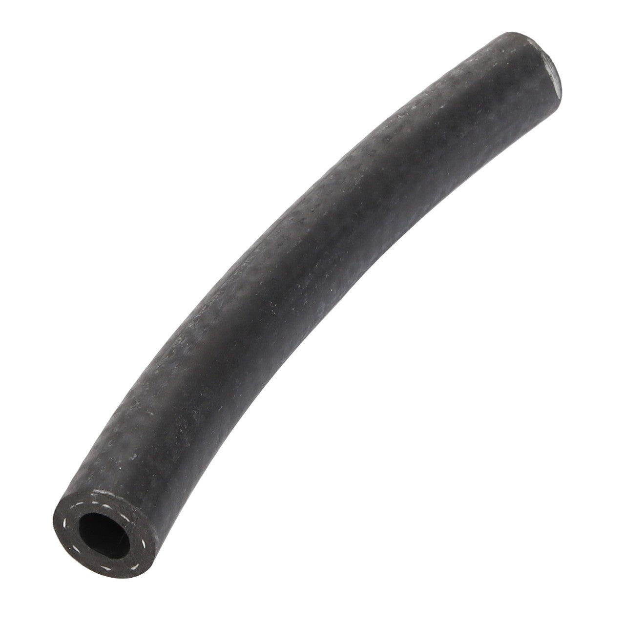 An AGCO Brake Hose - Acw1745570, featuring a black rubber exterior and a hollow interior with a gentle curve, isolated on a white background.