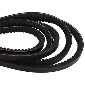 Introducing the AGCO | V Belt - Fel140966, a high-quality coiled black rubber belt featuring ridged teeth on the inner surface. Currently, there is no detailed product description available for this product.