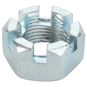 The AGCO Castle Nut - Acp0023070 is a castellated metal nut featuring a hexagonal base and slots on one end designed for a cotter pin. Further product description is currently unavailable.