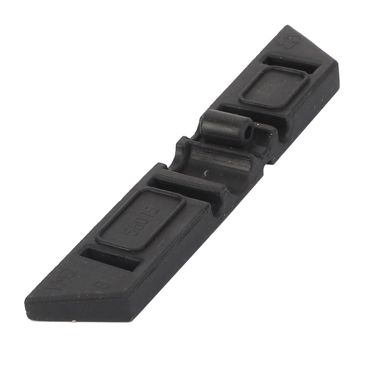 The AGCO Rubber Cap - F530811460070 is a compact, black plastic component featuring both rectangular and triangular sections, intricately designed with additional small raised details and grooves.