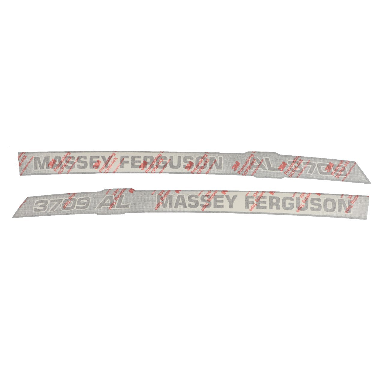 Two identical white sticker strips labeled "AGCO | Decal - Acp0421820" feature the text "MASSEY FERGUSON" and "3709 AL" in bold red letters, exuding simplicity and clarity.