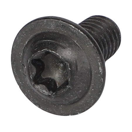 Close-up image of a black, AGCO Button Head Screw - Acw1281920 with a flat disc-like top and threaded body. Please note that no current product description information is available for this item.