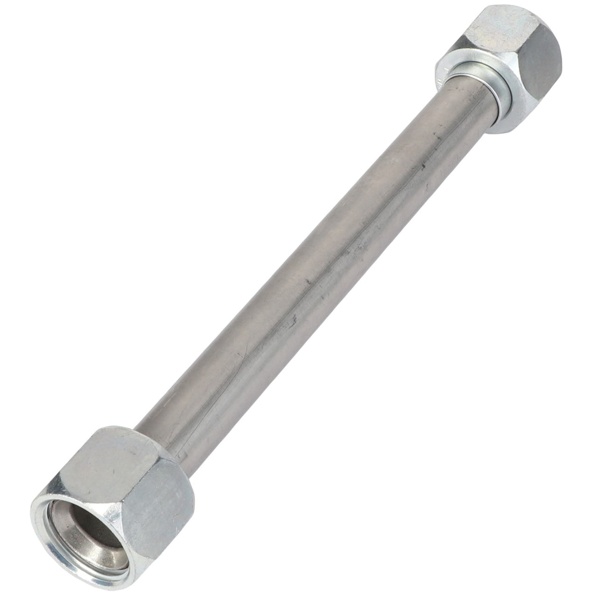 The AGCO | TUBE - AG330949 is a durable metal pipe featuring hexagonal nuts securely fastened on each end.