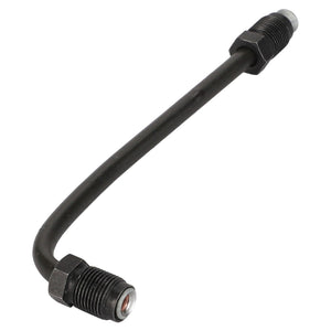 An image of the AGCO | Brake Line - F184108150230, a black hydraulic brake hose with threaded metal fittings on both ends, designed to endure extreme pressures.