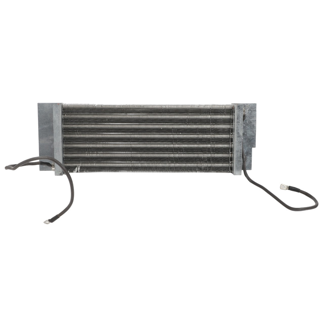 A metal electric heating element, AGCO | RADIATOR - 0.010.2122.1, featuring several horizontal fins and two black cables extending from one end. For assistance before ordering, please reach out to our Support Team.