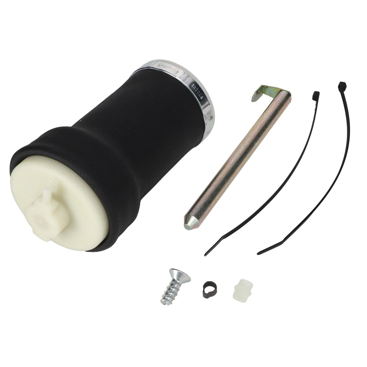 An assortment of mechanical components, centered around the AGCO Air Spring - F205500035150, and including a metal pin, plastic screw, metal screw, clip, plastic fitting, and two black cable ties on a white background. No current product description available for this product.