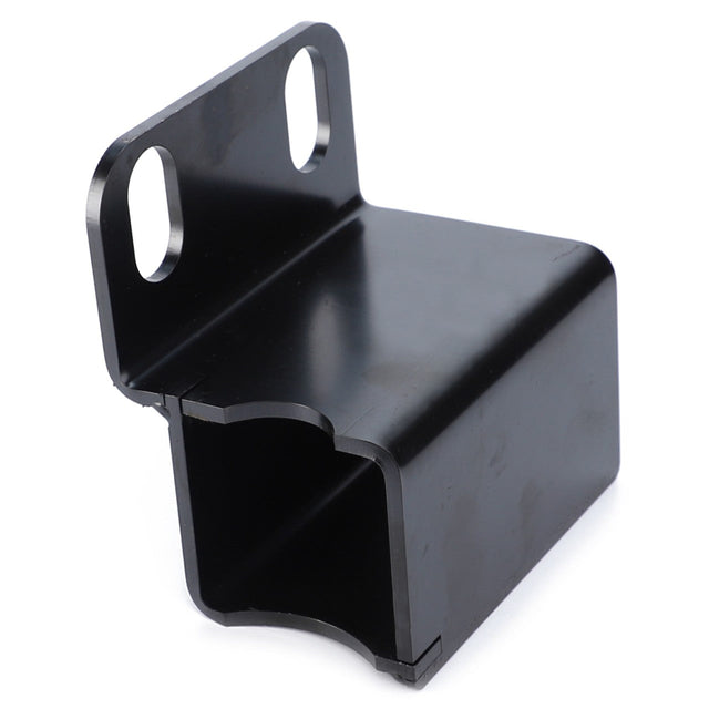 A black metal bracket, known as the AGCO | Support - 4376398M2 by AGCO, features two oval mounting holes and a rectangular slot for attachment. It's designed to fit Massey Ferguson models seamlessly.