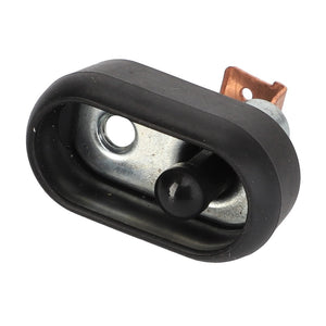 The AGCO DOOR CONTACT SWITCH - AG719141 is a small, oval-shaped black electrical component featuring a central raised button and a copper connector for efficient functionality.