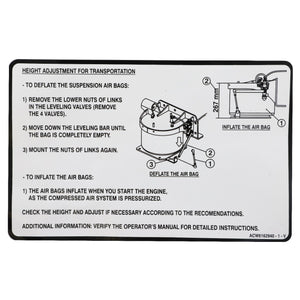 Instructional diagram for the AGCO Decal - Acw6162940 illustrating the steps for height adjustment during transport by deflating and inflating suspension air bags. Features visual aids and measurement references for precise adjustments.