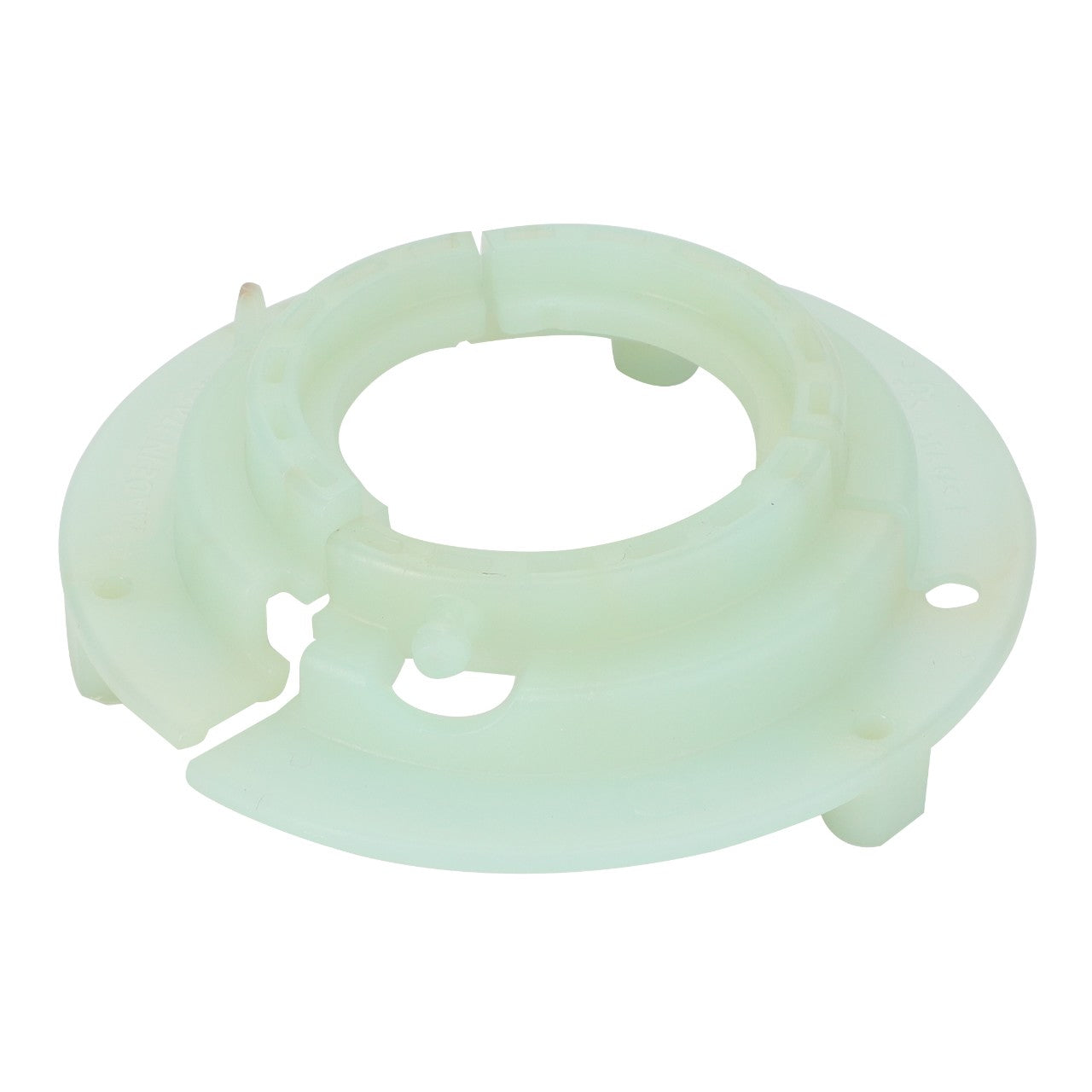 Product Description: The AGCO | Cup - Fel103223 is a white, circular plastic component featuring multiple holes and protrusions, designed to resemble a mounting bracket or part of a mechanical system. Note that no current product description is available from the manufacturer.