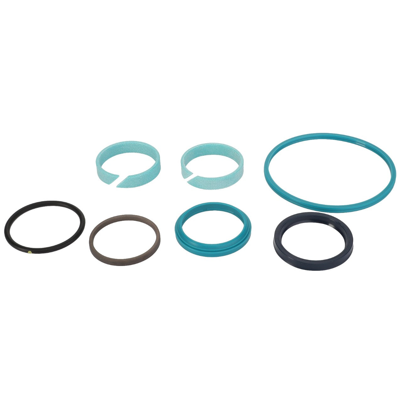 An assortment of the AGCO SEAL KIT - F931870051040, meticulously arranged in two rows against a pristine white background, showcasing various sizes and colors.