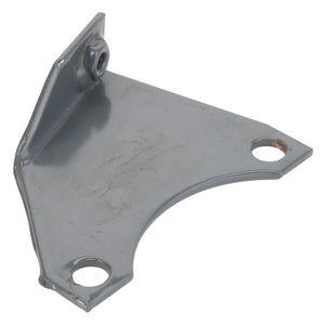 The AGCO | BRACKET - D28186732, a gray metal bracket with three holes designed for mounting or support, features a slight bend and comes with a bolt attached on one side. No current product description information is available.