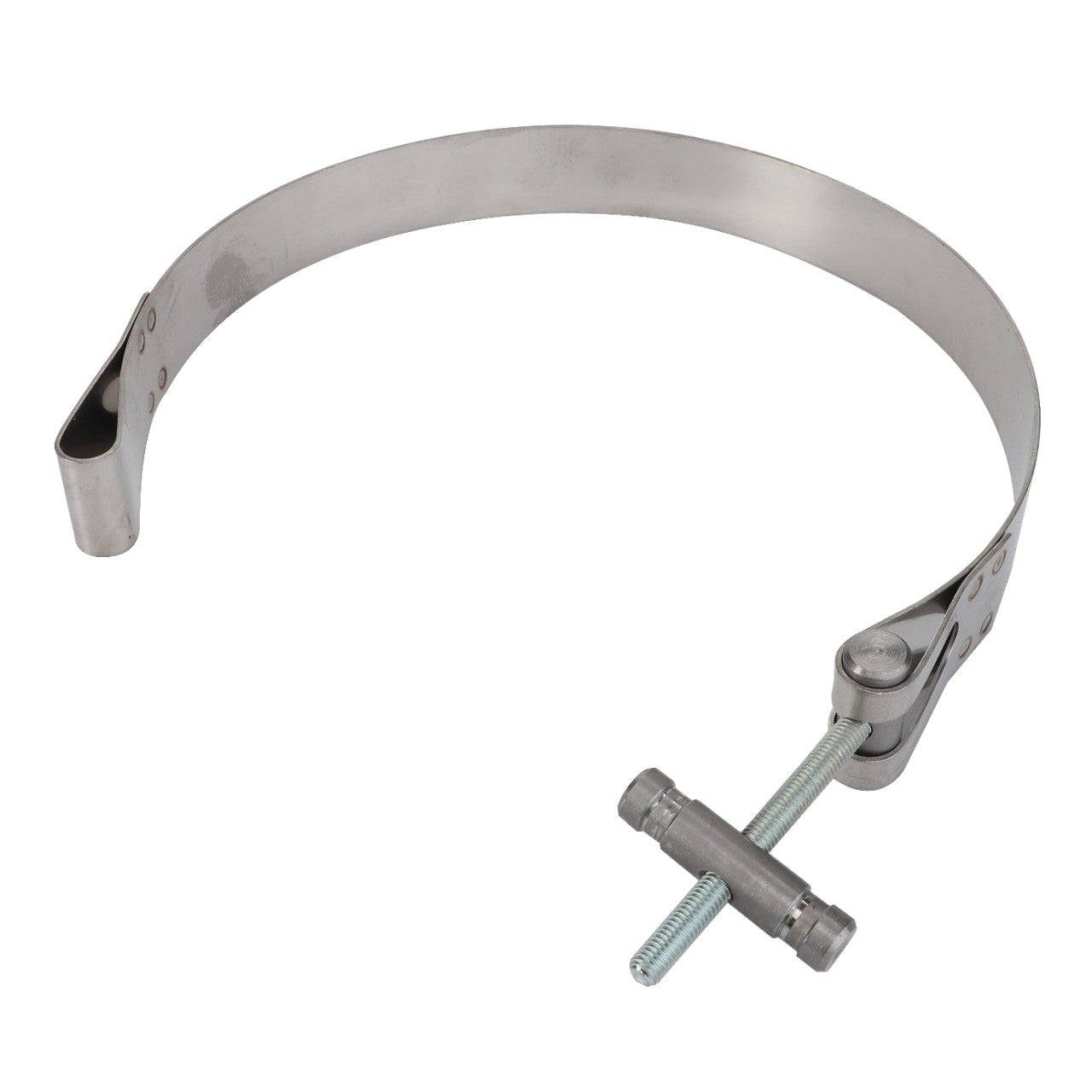 The AGCO Strap - Acw012610A is a metal worm drive hose clamp featuring a slotted screw mechanism, designed for securely fastening hoses or tubes.