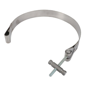 The AGCO Strap - Acw012610A is a metal worm drive hose clamp featuring a slotted screw mechanism, designed for securely fastening hoses or tubes.