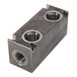 A rectangular metal hydraulic manifold block with three threaded ports and a rough surface finish, the AGCO Manifold - Acp0671210.