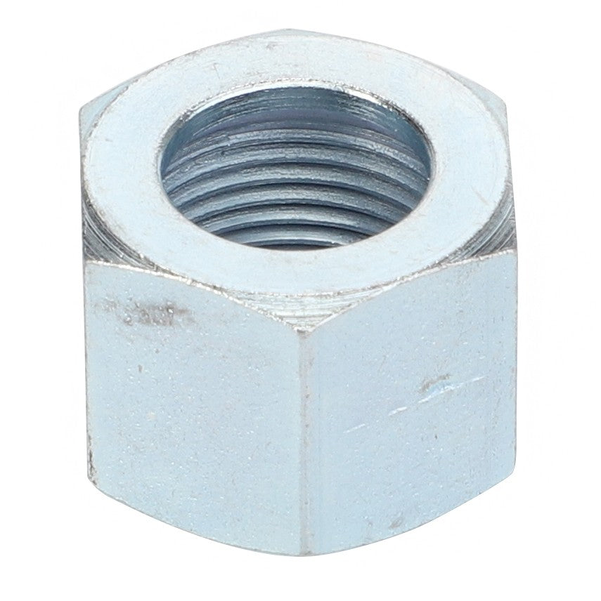 A close-up photo of the AGCO | Nut - 375782X1, a silver hex nut with internal threading, showcased against a plain white background, evokes the precision and durability typical of Massey Ferguson models.