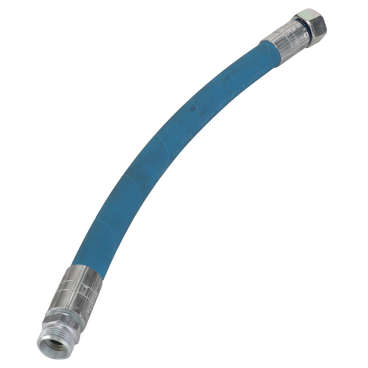 The AGCO | Hydraulic Hose - Acx234419A is a blue, flexible hose equipped with metal connectors on both ends and features high-performance abrasion-resistant coverings.