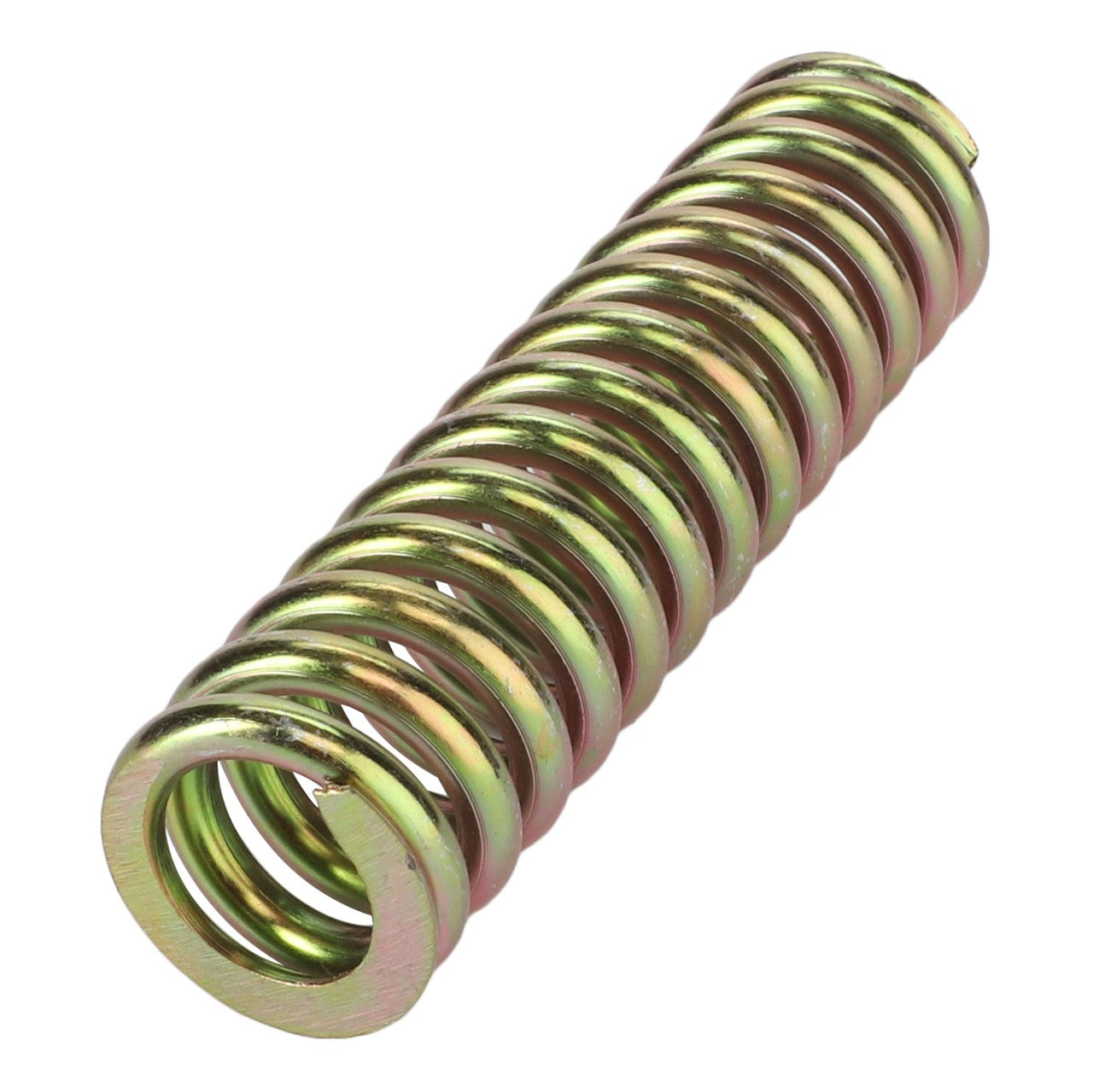 The AGCO SPRING - D28281798, a cylindrical metal compression spring from the AGCO brand, features tightly wound coils and a yellow-green hue, providing an eye-catching design.