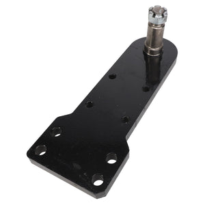 Close-up of the AGCO Strut, Right Hand - Acp0000950, an intricate black metal bracket featuring multiple precision-drilled holes and a cylindrical attachment at one end, designed for robust mechanical or structural support.