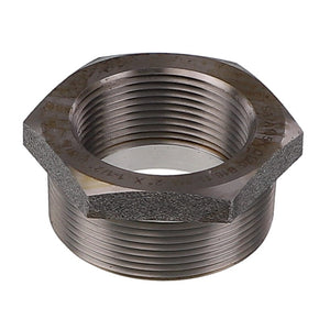 Close-up of the AGCO ADAPTER - AG334319, a metallic hex bushing featuring both external and internal threads, commonly used for connecting two differently sized threaded fittings; unfortunately, relevant SEO keywords cannot be determined due to insufficient product description information.