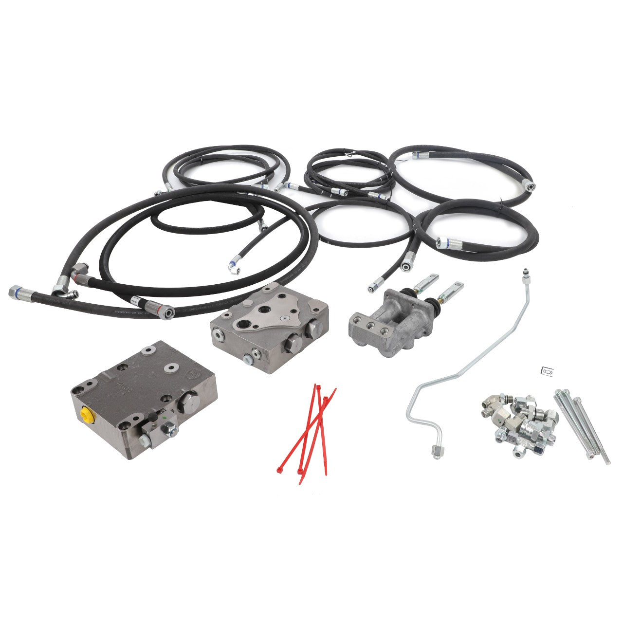 The AGCO hydraulic system component kit (Accessory Code: Acw0696610) includes hoses, valves, connectors, and mounting hardware all arranged on a white background. Currently, there is no further product description available.