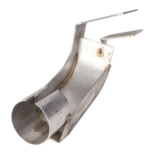 The AGCO DEFLECTOR, RIGHT HAND (AG326241) is a metallic, cylindrical chute featuring an open end and protruding flat extensions, with evidence of welding and slight rust spots—a prime example of maximum durability in application equipment parts.