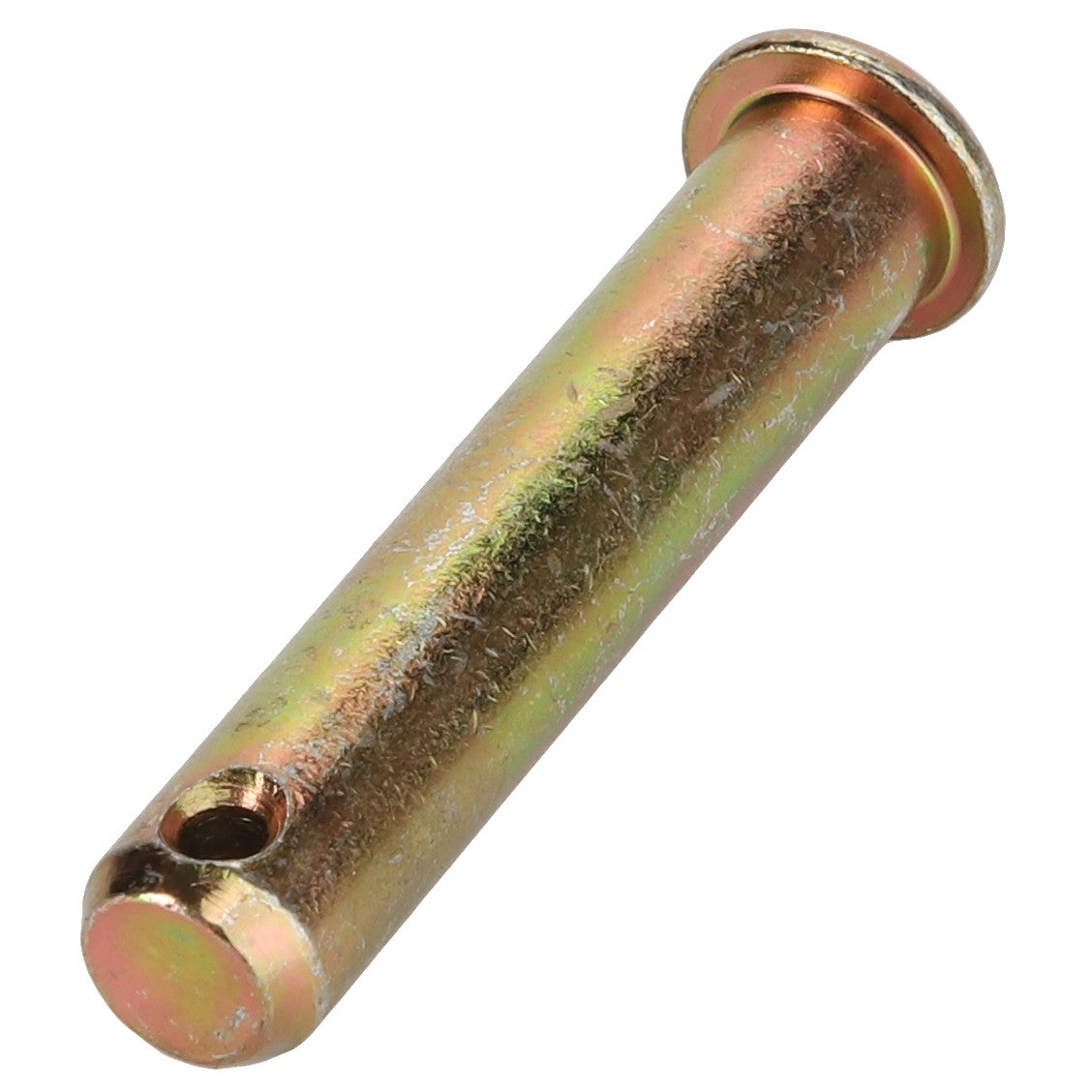 The AGCO | CLEVIS PIN - D26733240 is a cylindrical metal pin featuring a flanged end and a small hole near the opposite end, ideal for mechanical connections or precise alignments.