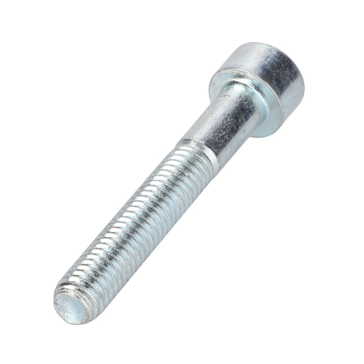 A close-up view of the AGCO | Hex Cap Screw - Va021378 reveals its cylindrical head with an internal hexagonal drive and a threaded shaft, likely made of durable metal, possibly steel.