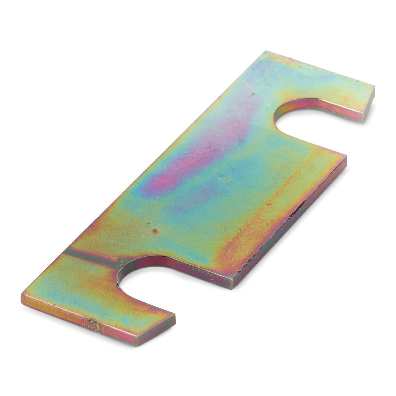 The AGCO | SHIM - D28285489, a flat and rectangular metallic object with a rainbow-like coloration, features two U-shaped notches on either side near the edges. Please note that there is no current product description information available for further details.