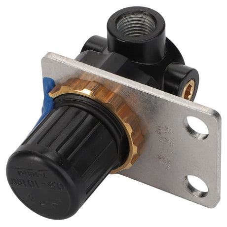 Close-up of the AGCO | Pressure Relief Valve - Acw108829A in black and metallic finish, featuring an adjustment knob and mounting bracket. This valve is designed for controlling flow or pressure in a fluid system and includes hydraulic circuit protection for added safety.