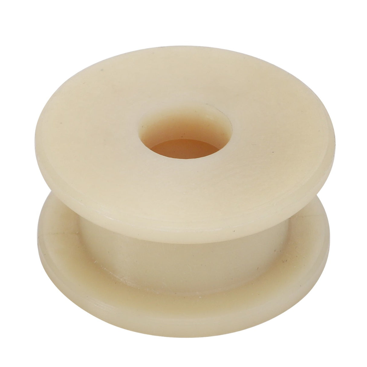 The AGCO | ROLLER - ACY1126900 by AGCO is a beige plastic spool featuring a central hole and flared edges on both sides, designed for easy use. The accompanying image shows the spool viewed from above.