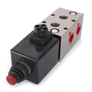 The AGCO valve (model AL516071) is a metallic valve equipped with three red ports and a black extension that includes a red button. No further product description is available.