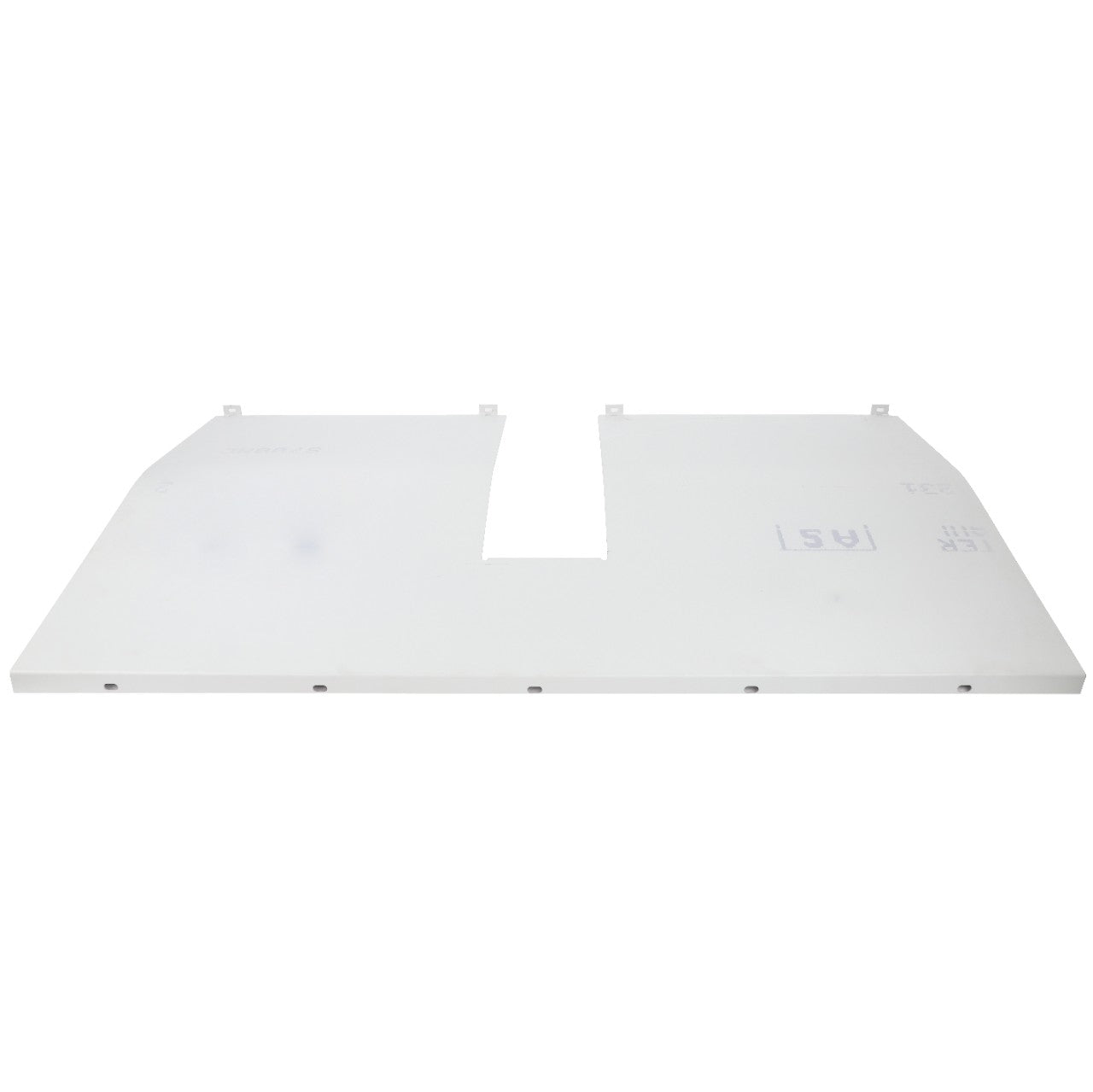 The AGCO RIGHT HAND WEARPLATE - D28285084, a white rectangular sheet of material, features a U-shaped cutout in the center and small tabs along the top edge.