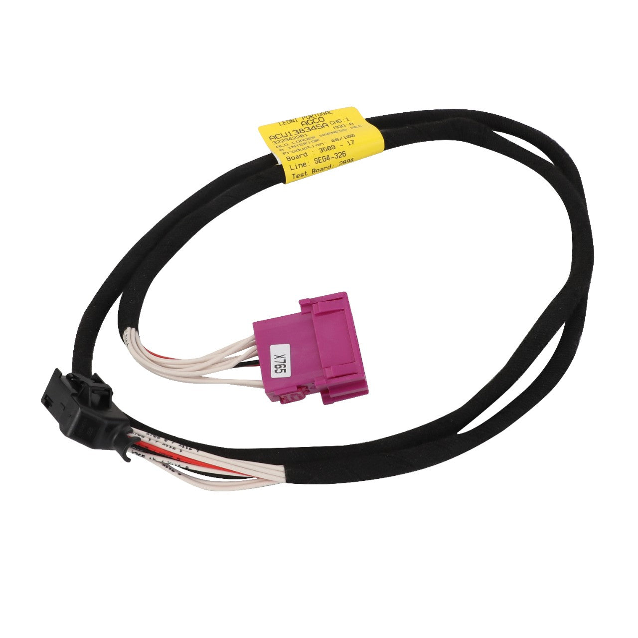 The AGCO Harness - Acw138345A is a black cable assembly featuring a purple rectangular connector on one end and a black rectangular connector on the other. A yellow label with text is attached to the cable, detailing crucial specifications and safety information.