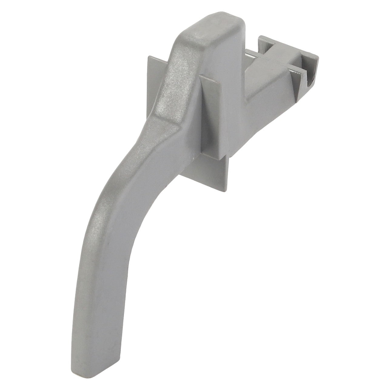 Gray, L-shaped plastic component with a sturdy clip attachment point and a long, ergonomically curved handle - AGCO | LEVER - CG1253181240 by AGCO.