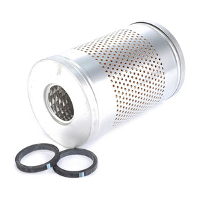 A Hydraulic Filter Cartridge - 71151430 by AGCO, featuring a cylindrical metal design with perforations and accompanied by two rubber sealing rings, is shown on a white background. This AGCO Genuine hydraulic filter cartridge is engineered to effectively extend equipment service life.