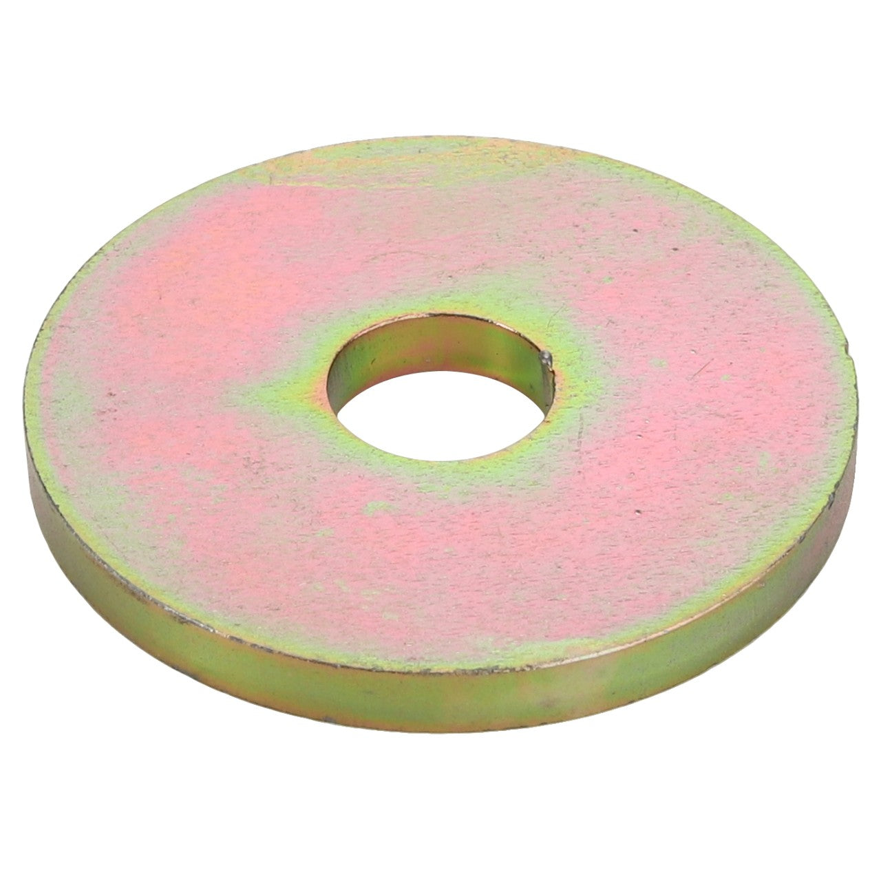 The AGCO CIRCLIP - ACY1515750, produced by AGCO, is a flat, round metallic washer with a central hole and a gold-colored, slightly iridescent finish. No additional product description information is currently available.