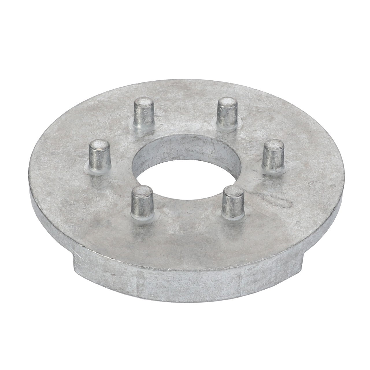 Introducing the AGCO | Flange - 4285772M1, a metal circular component with a central hole and six evenly spaced pins around the inner edge, specifically designed for compatibility with Massey Ferguson machinery.