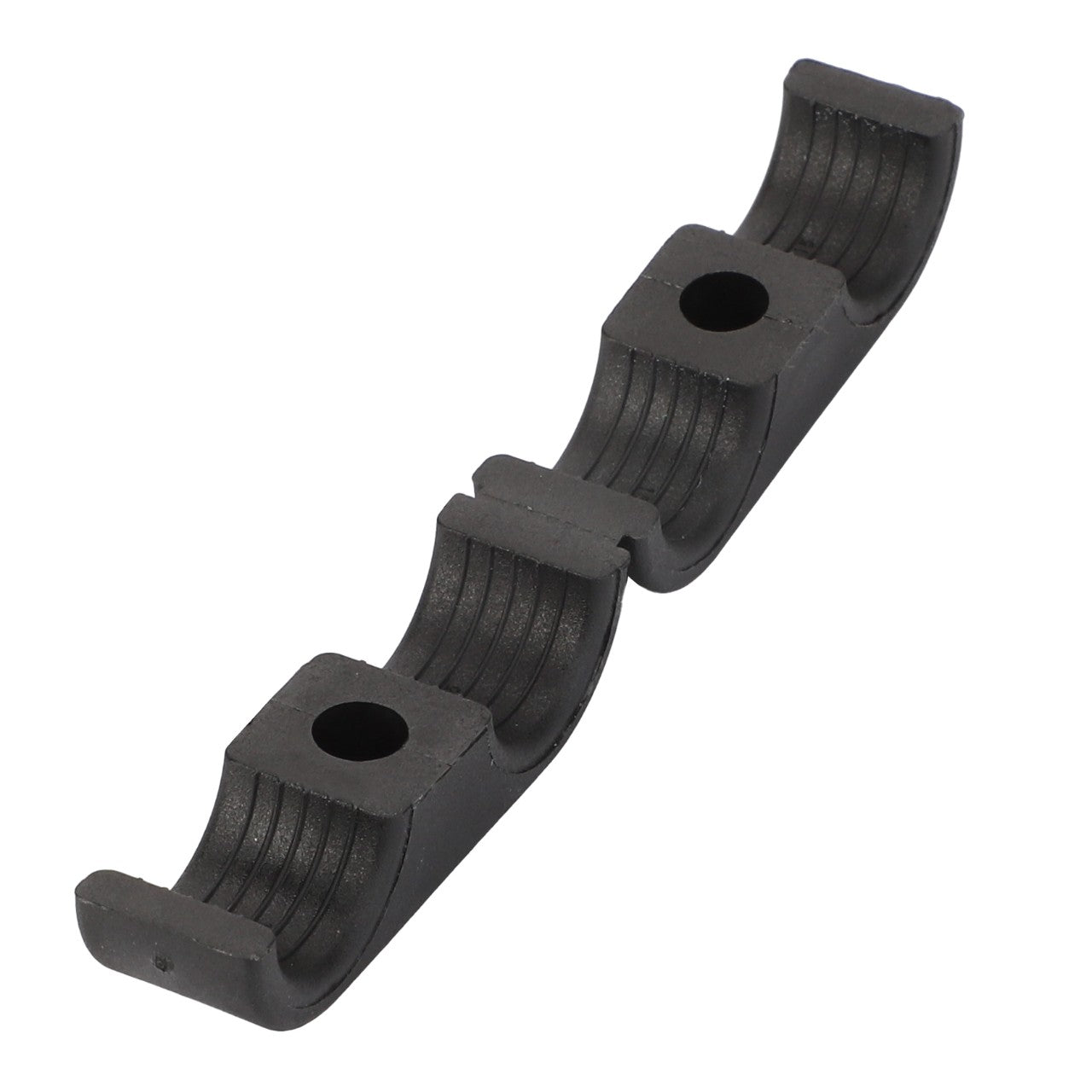 The AGCO | Clamp - Acp0674900 is a black metal clamp featuring two central screw holes and curved ends, specifically designed by AGCO to securely fasten cylindrical objects.